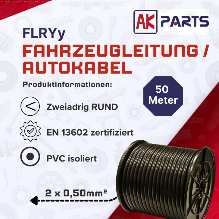 2 x 0,5 mm² FLRYy Fahrzeugleitung Rund 50 Meter auf Spule