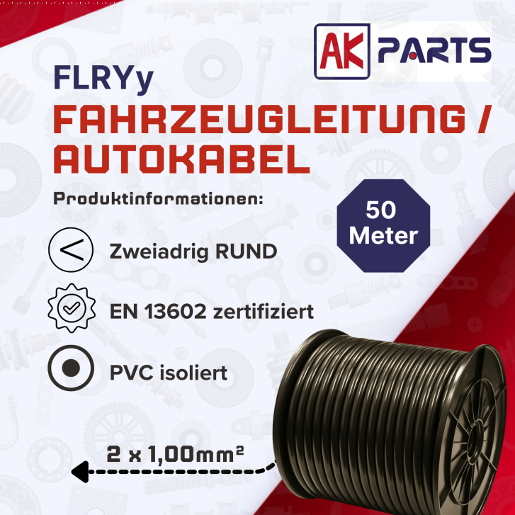 2 x 1,0 mm² FLRYy Fahrzeugleitung Rund 50 Meter auf Spule