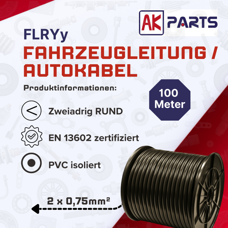 2 x 0,75 mm² FLRYy Fahrzeugleitung Rund 100 Meter auf Spule