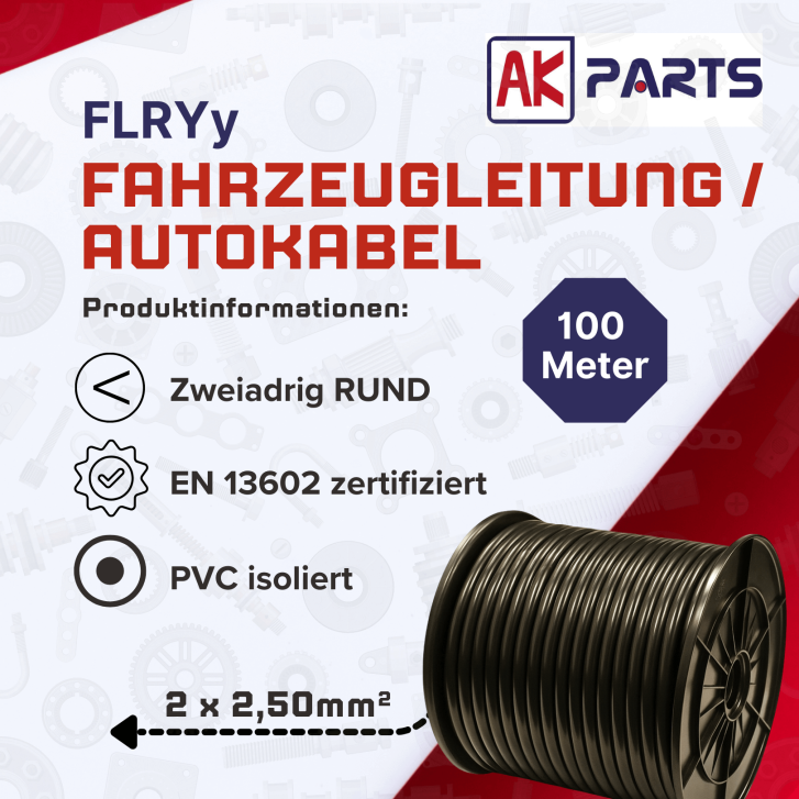 2 x 2,5 mm² FLRYy Fahrzeugleitung Rund 100 Meter auf Spule